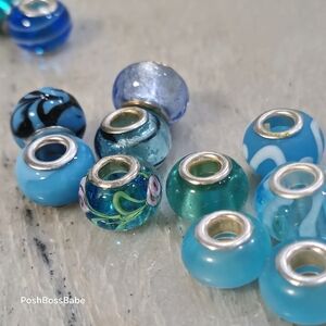 Lot of 13 European Charm Beads – Blue & Aqua Glass with Silver Tone Cores